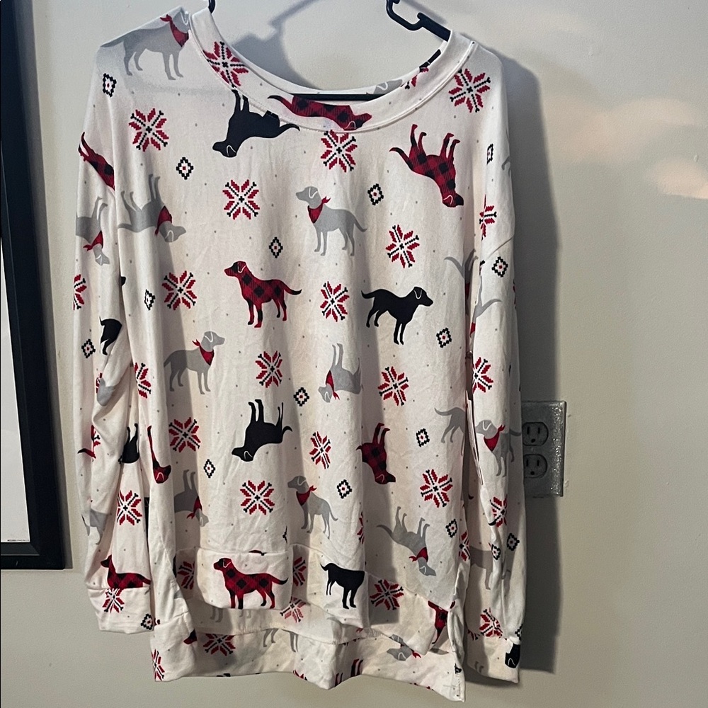 White Pajama Top with Dog and Snowflake Print